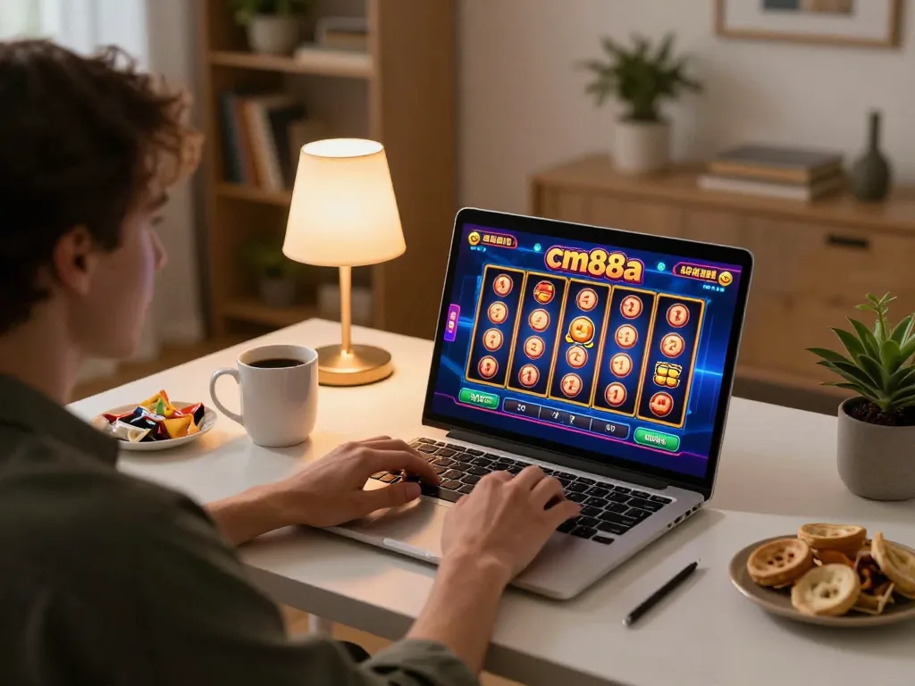 Engaging in online casino gameplay at cm88a, showcasing vibrant slot game interface on screen