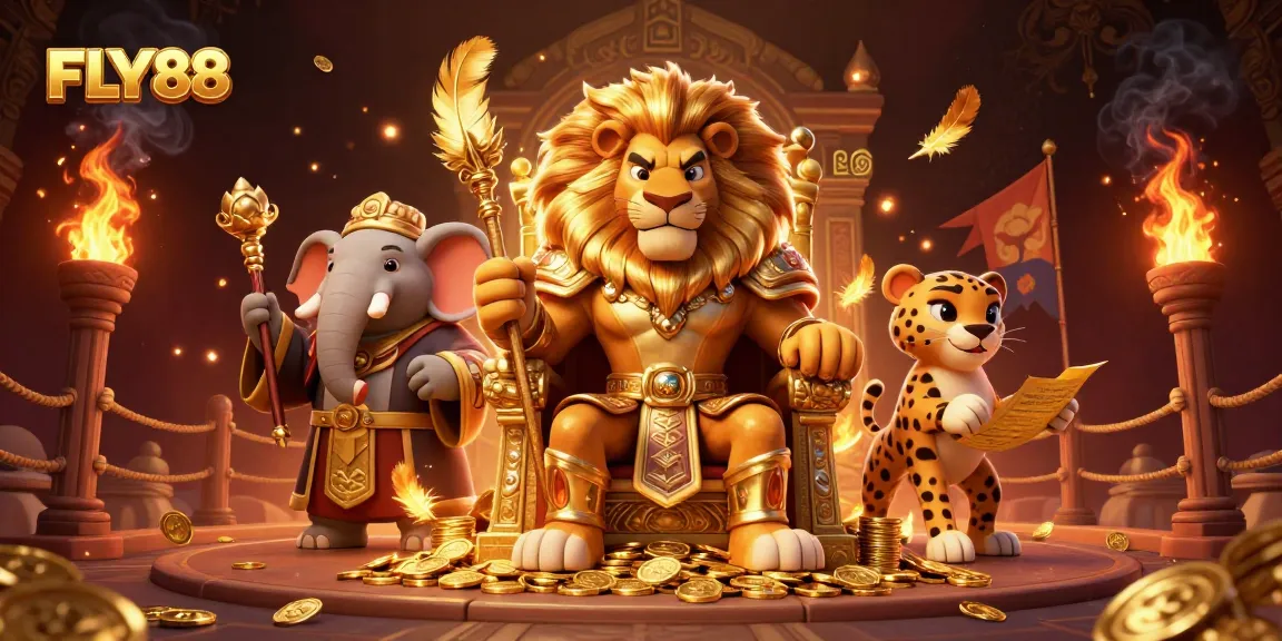 Experience FLY88's thrilling atmosphere with a royal lion king, wise elephant, and swift cheetah amidst golden casino elements.