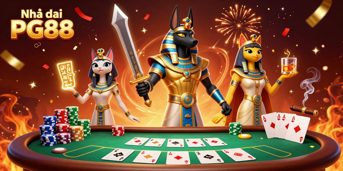 Experience the excitement at Nhà cái PG88 with 3D illustrations of Anubis and Bastet at a vibrant poker table.