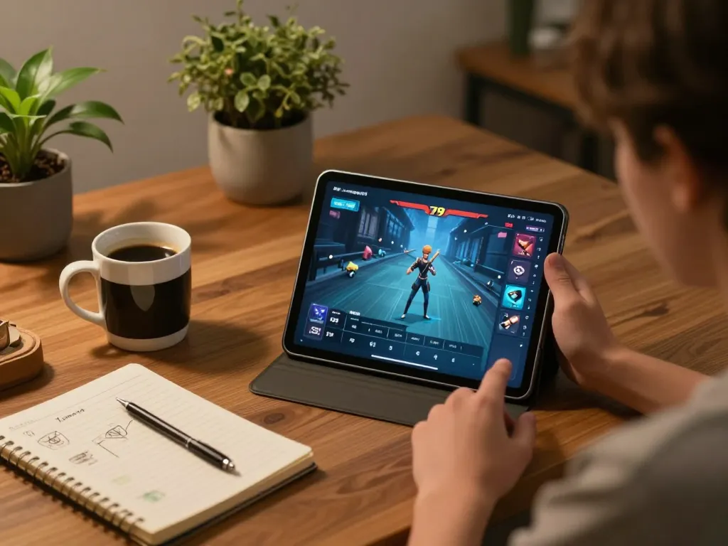 Engaging gameplay moment on the fun 79 platform at home, showcasing a tablet with strategy notes and cozy atmosphere.