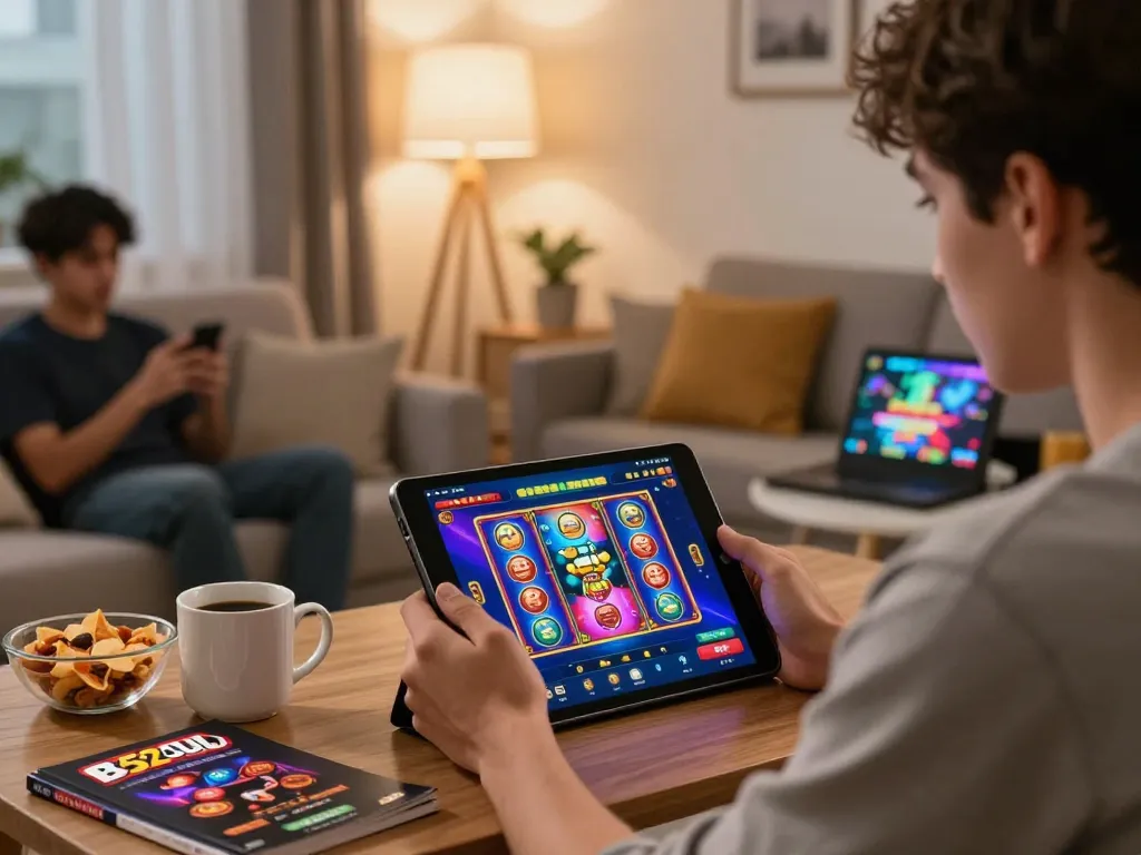 Engaging in online slot games with B52club in a cozy living room setting