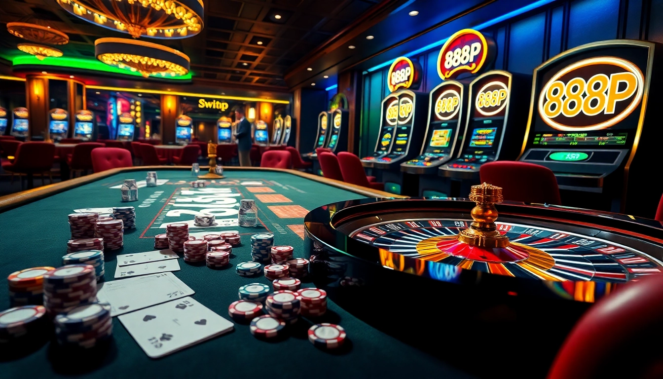 Experience thrilling action at 888P's luxurious casino with poker chips and roulette wheel.