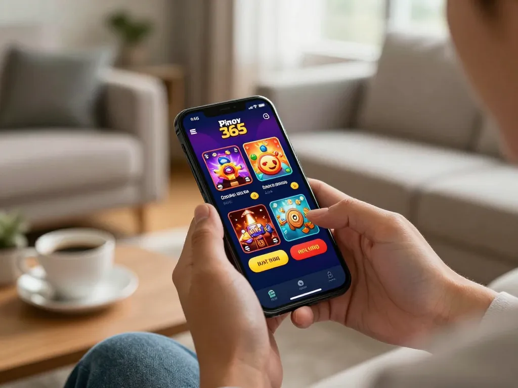Player engaged in Pinoy Login on mobile app for casino games in cozy living room setting.
