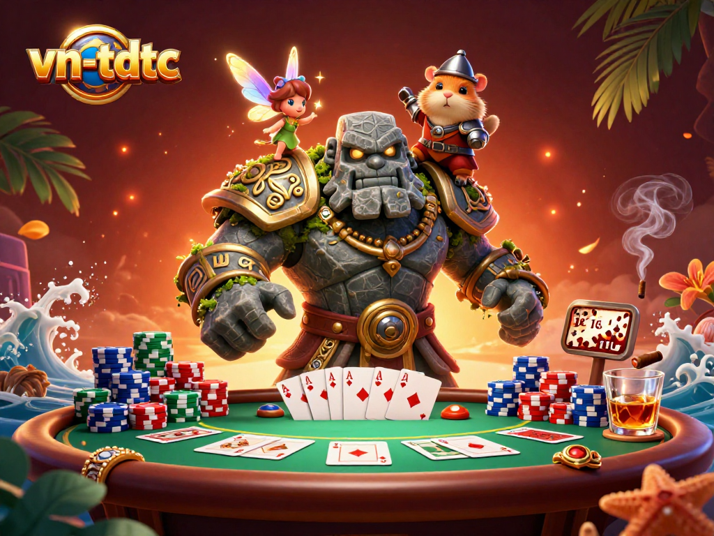 Experience vn-tdtc excitement with a vibrant scene showcasing poker action and whimsical characters.