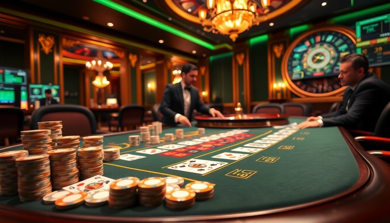 Experience strategic gameplay at the luxurious blackjack table featured in bdtk66 blog, showcasing polished chips and a roulette wheel.