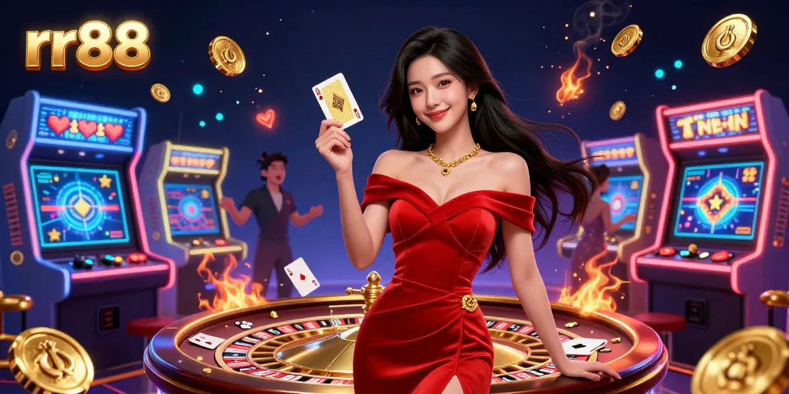Win big at rr88 with a stunning Asian woman holding a golden card amidst vibrant casino elements.