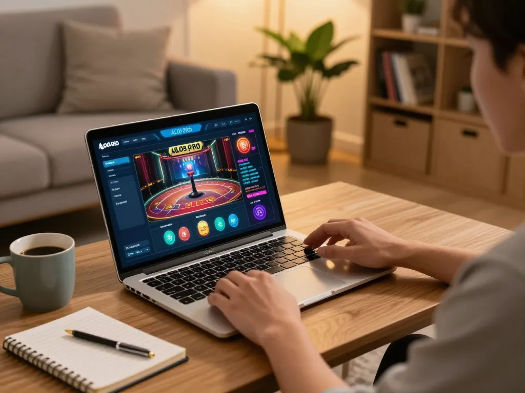 Engaging with ALO8 PRO for online gambling strategies in a cozy home setting.
