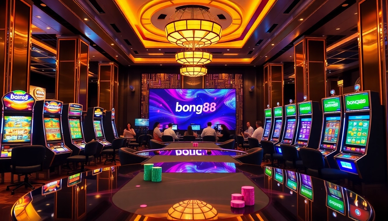 Bong88 players enjoying an exciting online casino experience with vibrant slot machines and betting chips.