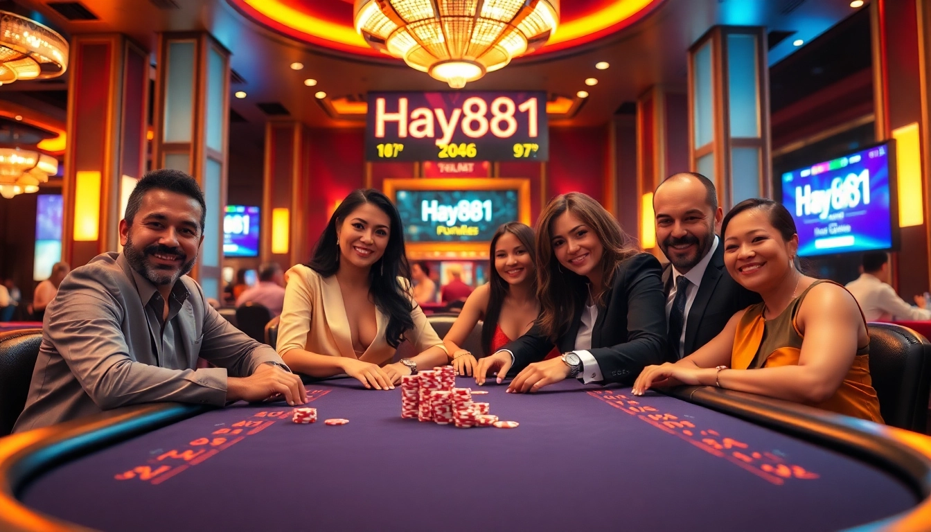 Engaging poker players at a luxurious table in Hay881 casino, showcasing high-stakes excitement.