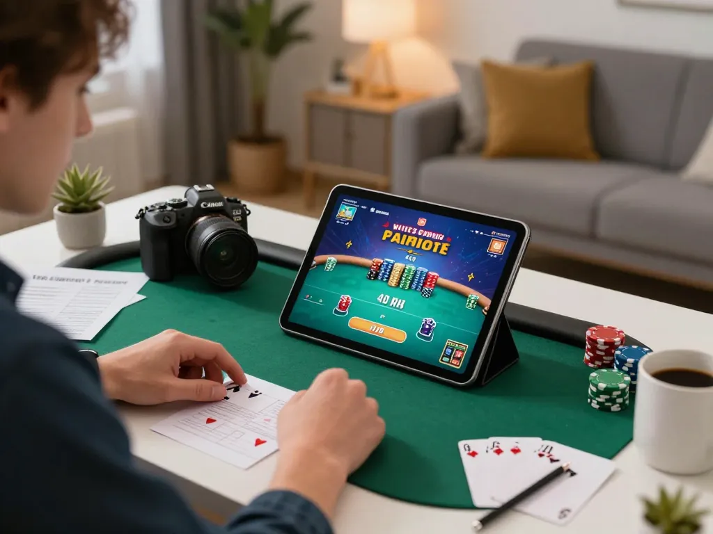 Engaging poker gameplay on MM88 app in a cozy home office setting with strategy notes and casino chips.