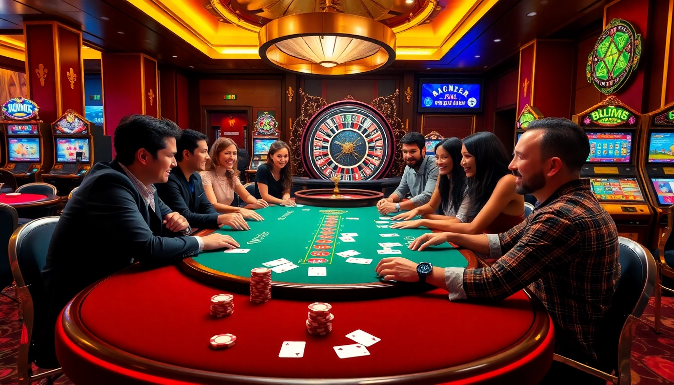 Exciting casino scene featuring players at 8kbet poker table with vibrant chips and roulette wheel.