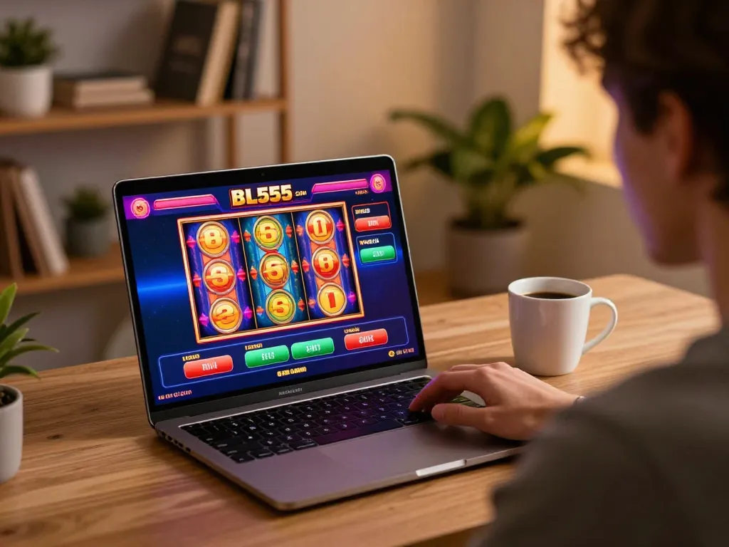 Playing thrilling slots on bl555 com from a cozy home gaming setup.
