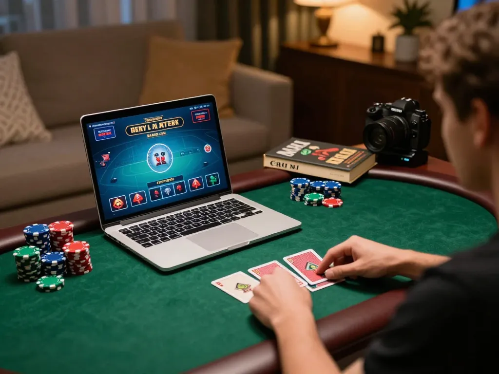 Engaging in a v788 poker game at home using a laptop, enhancing strategic gameplay comfort.