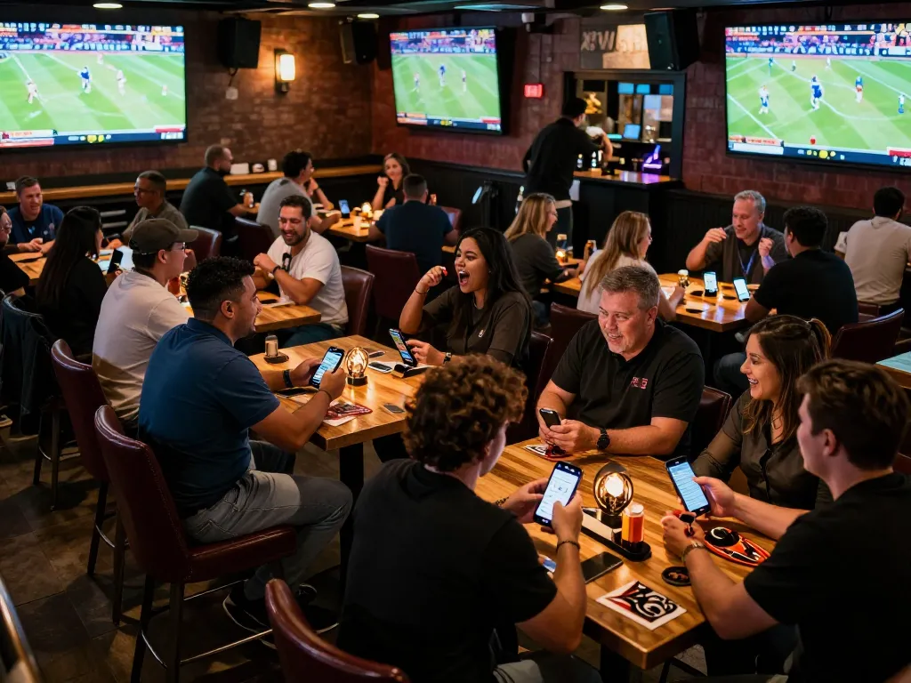 Hitclub patrons engaging in sports betting among lively fans at a vibrant sports bar