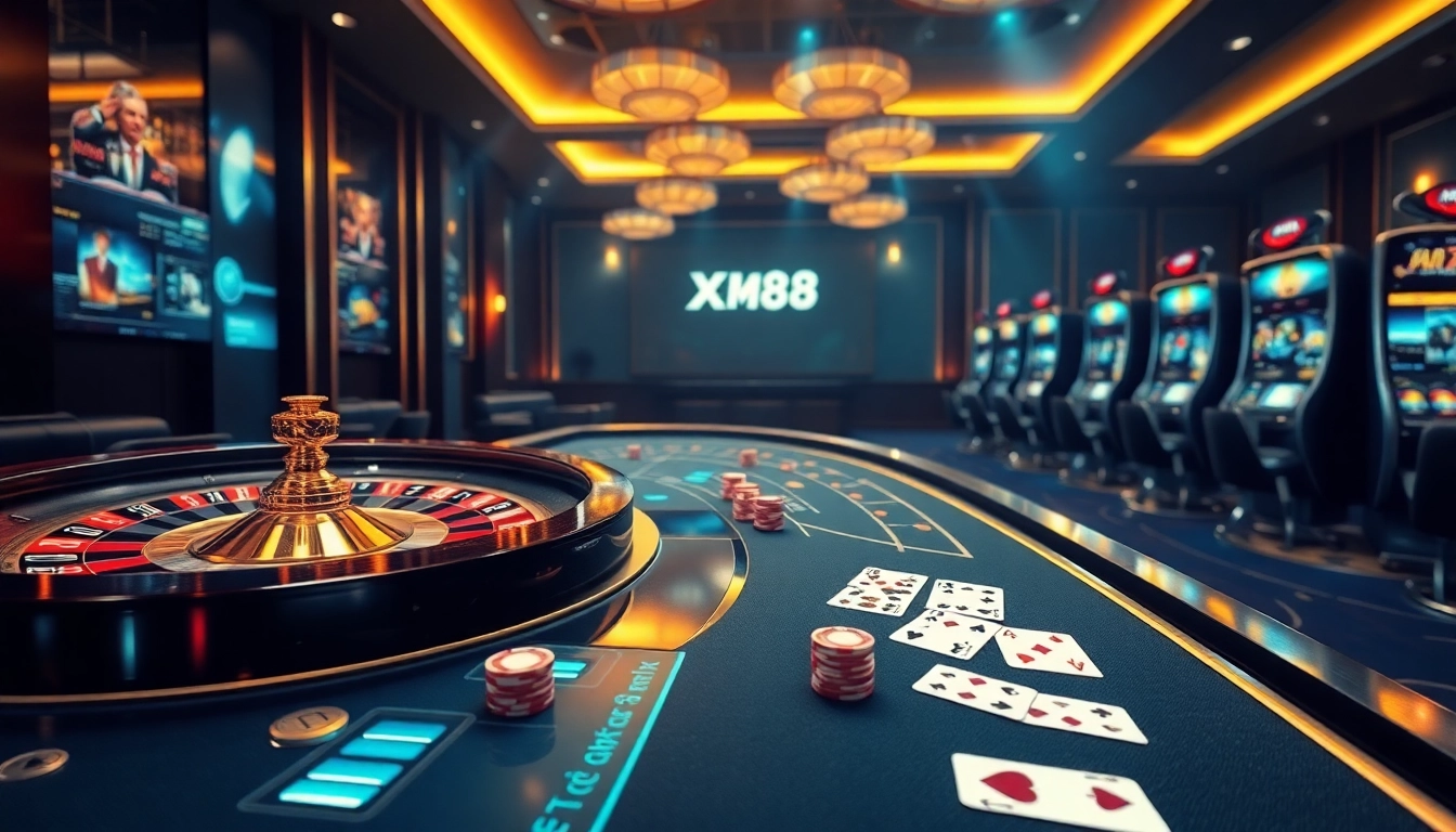 Experience excitement at Link X88 with a vibrant casino scene featuring roulette, poker, and dynamic slot machines.
