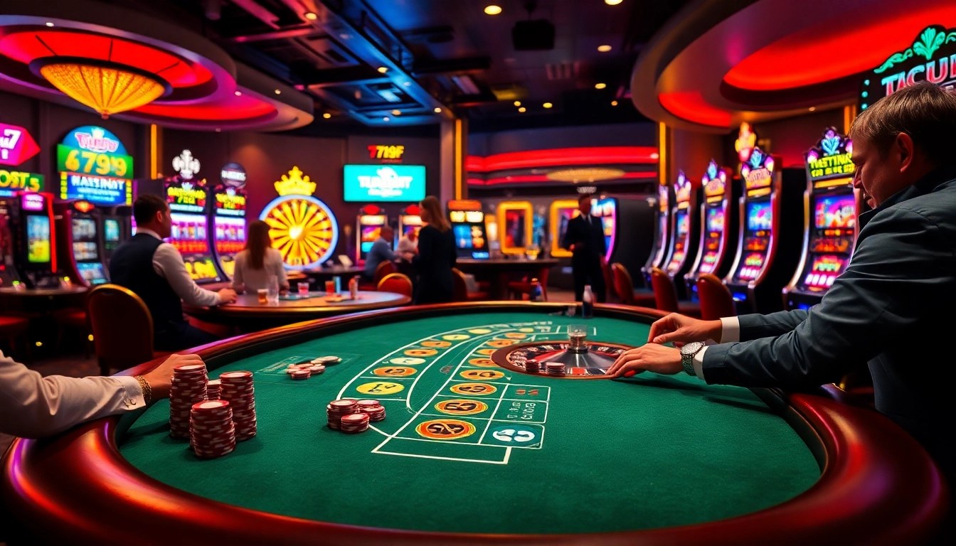 Exciting scene of players gambling at 789F casino tables, highlighting blackjack and roulette.
