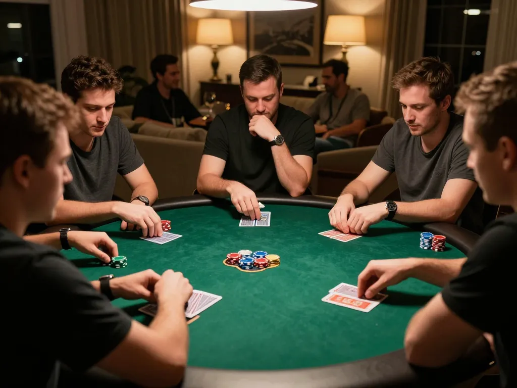 Engaged players analyzing cards at a home poker night, showcasing the immersive experience of 789Club gaming.