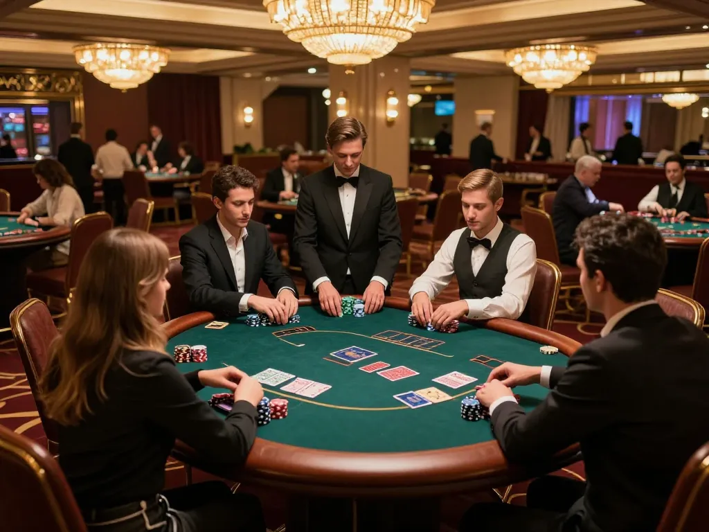 O8 HAIR players strategizing at a high-stakes poker table in a luxurious VIP casino area.