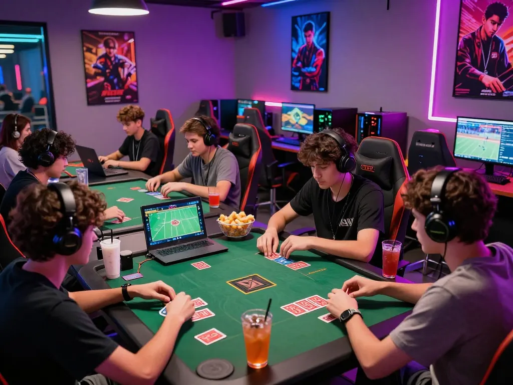 Dynamic gaming scene with diverse players enjoying tg88 online gaming experience in a vibrant lounge.