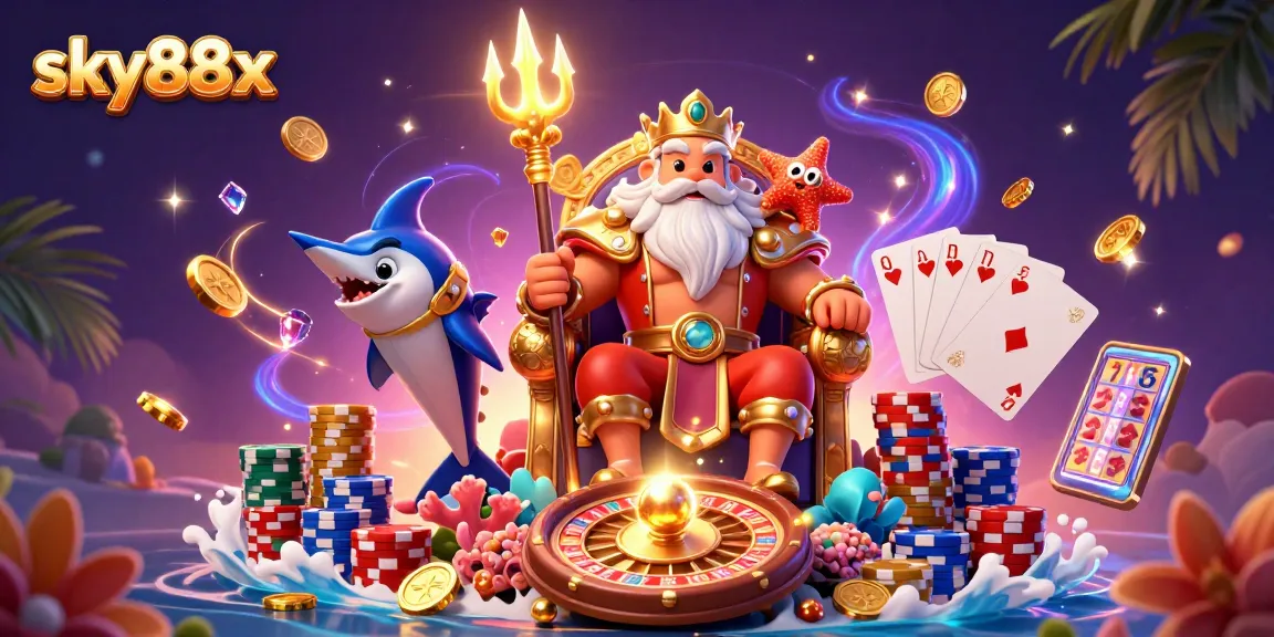 Engaging illustration of sky88x featuring Neptune and samurai with coins and cards, embodying online gambling excitement.