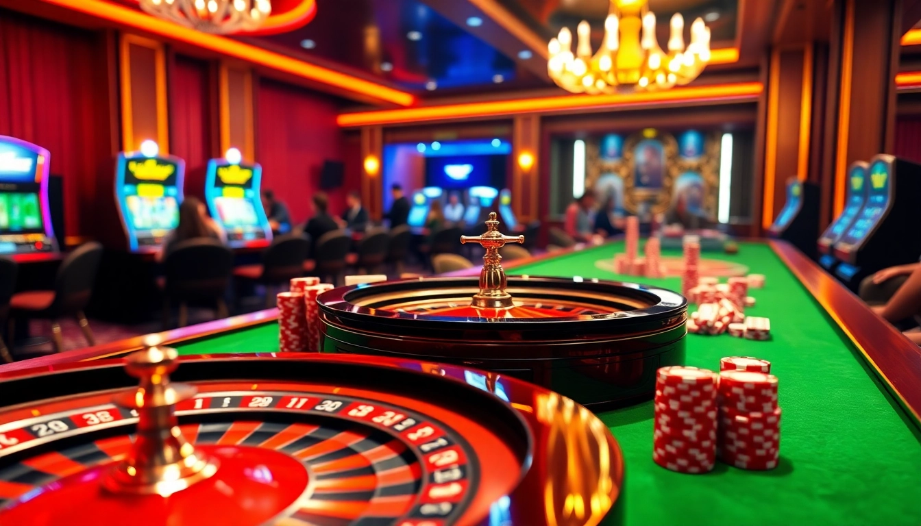 Experience exciting online gambling at https://xx88.boats/ with roulette wheels and poker chips in a vibrant casino setting.