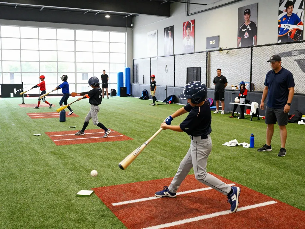 Youth athletes training at Hitclub baseball facility, practicing hitting techniques with coaches guiding them.