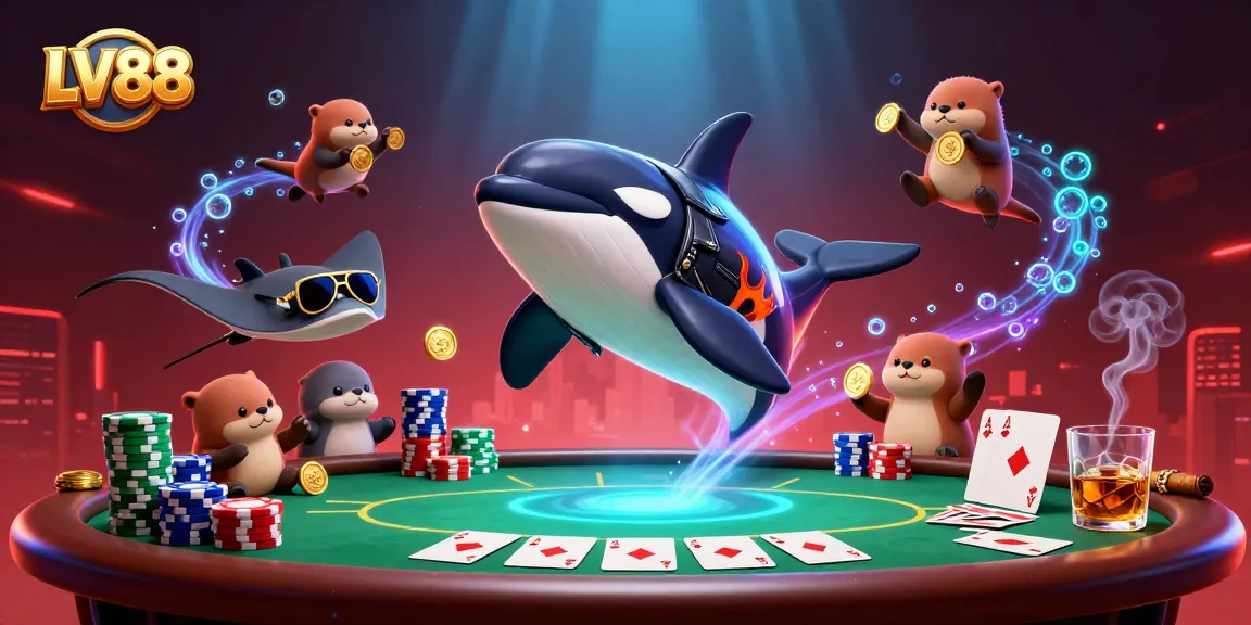 Watch a lively scene of LV88 with a 3D cartoon orca whale and sea otters playing poker while celebrating wins.