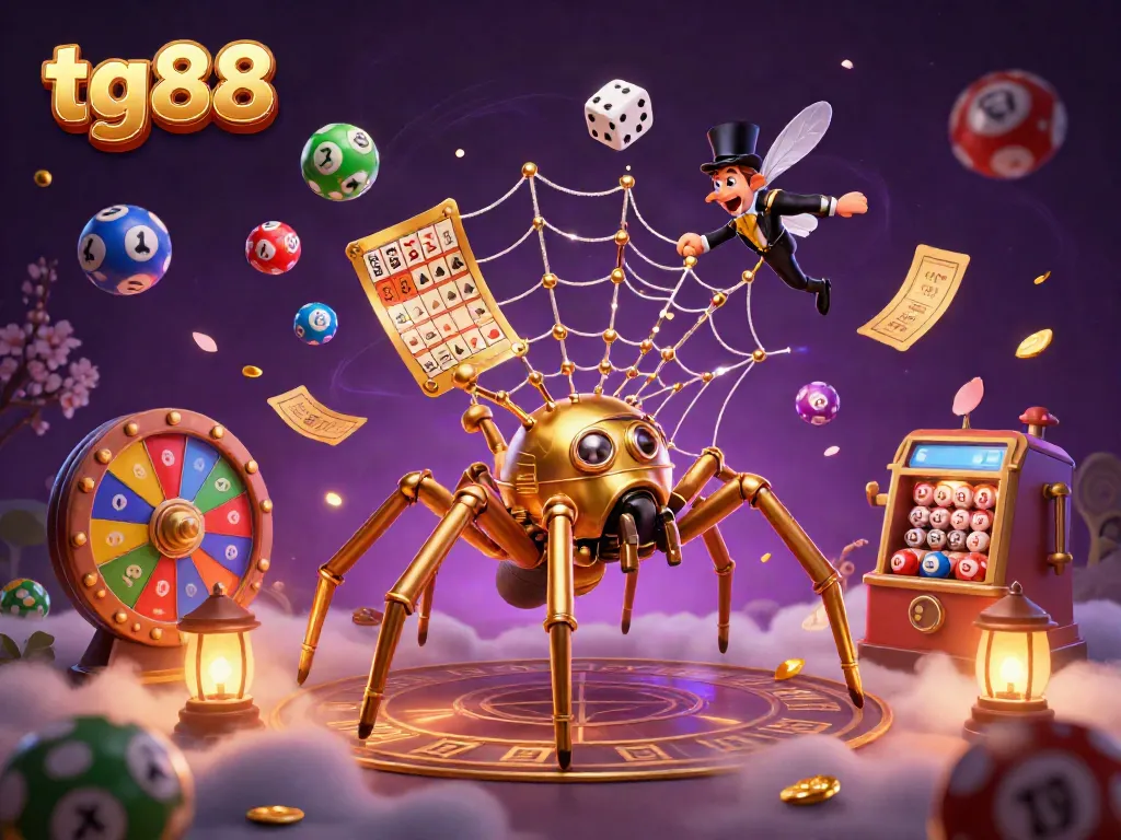 Engaging 3D scene with tg88 theme depicting a golden spider weaving a web of luck in a vibrant casino environment.