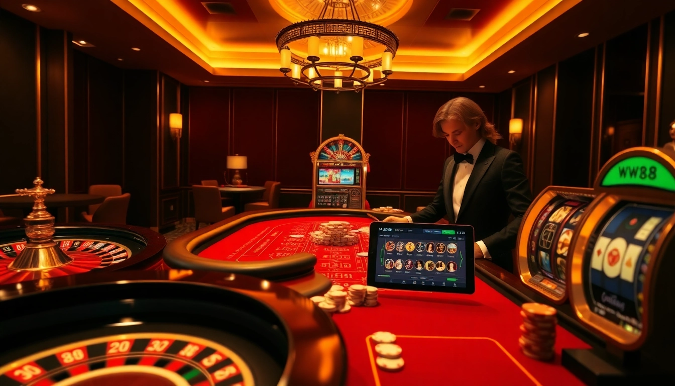 A dynamic casino scene showcasing WW88 with a roulette wheel, poker chips, and players enjoying their gaming experience.