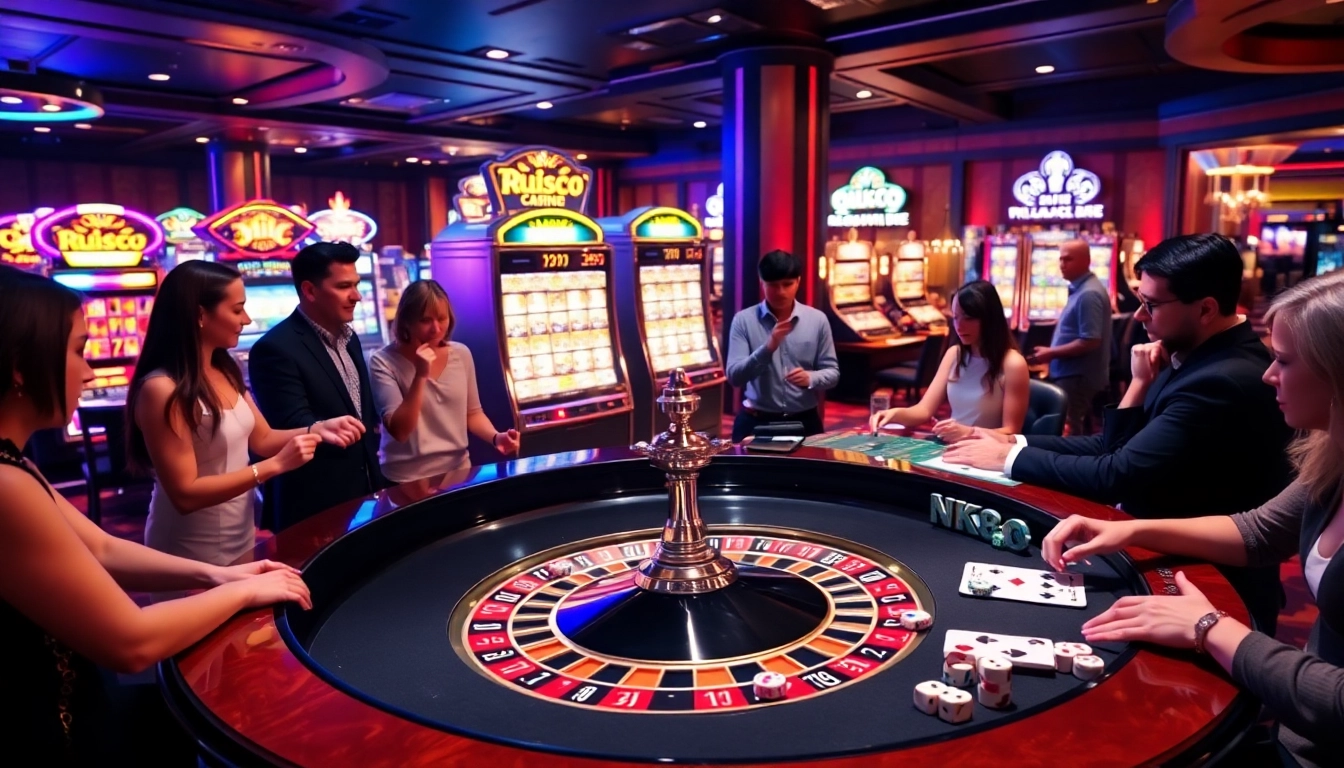 Engaging gamblers at the NK88 roulette table, showcasing excitement and strategy in a luxury casino environment.