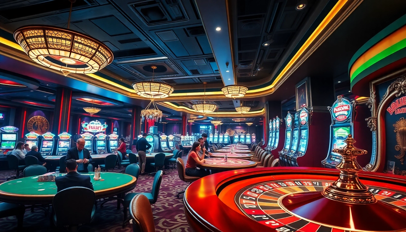 Dynamic scene of gamblers enjoying their experience at nhà cái nk88 casino with poker tables, roulette, and slot machines.