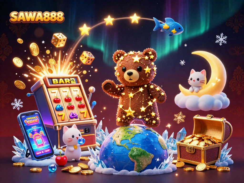 Experience big wins at SAWA888 as the constellation bear scoops coins amidst a vibrant casino scene.