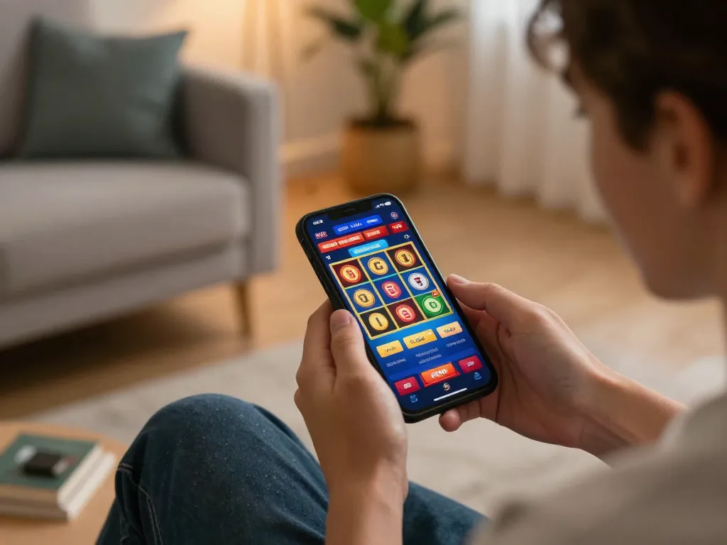 A person engages with the casino app on their smartphone at home, showcasing interactive gameplay on https://bong88viva.in.net/.
