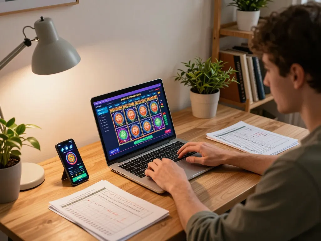 KJC players enjoying slot games on a laptop in a cozy home office setting