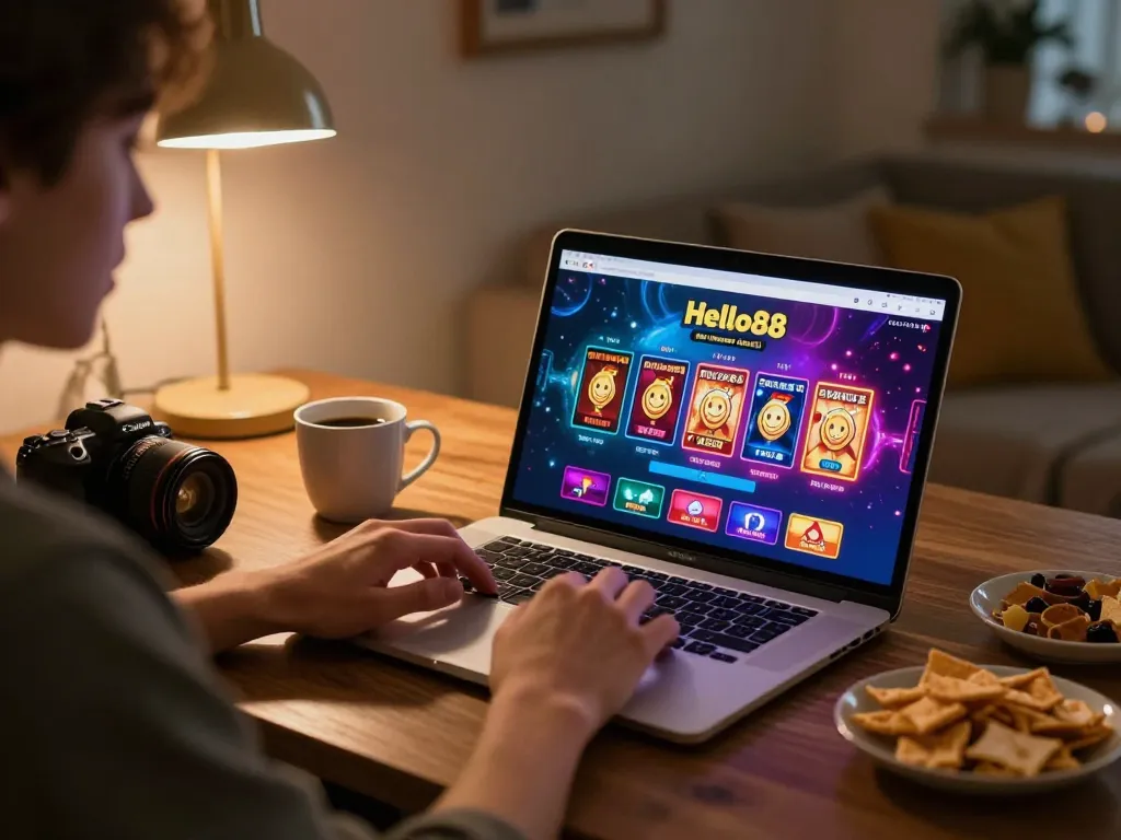Hello88 player engaged in online gaming with laptop displaying vibrant casino app interface.