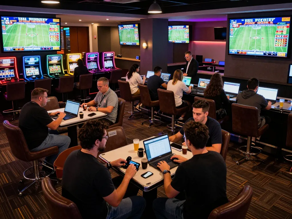 Tỷ lệ kèo nhà cái hôm nay showcased in a modern sports betting lounge with enthusiastic bettors.