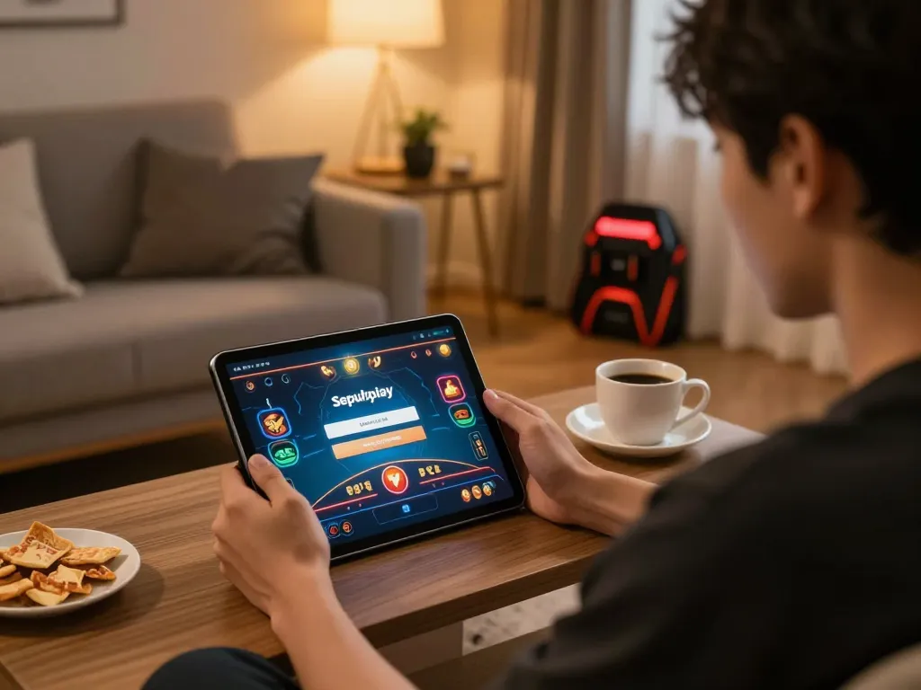 Berpartisipasi dalam permainan online melalui login Sepuhplay di tablet dalam suasana ruang tamu yang nyaman.