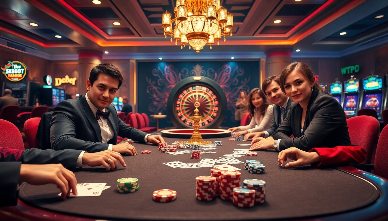 Experience high-stakes betting at a vibrant casino scene featuring poker tables and roulette from https://debet.jp.net/.