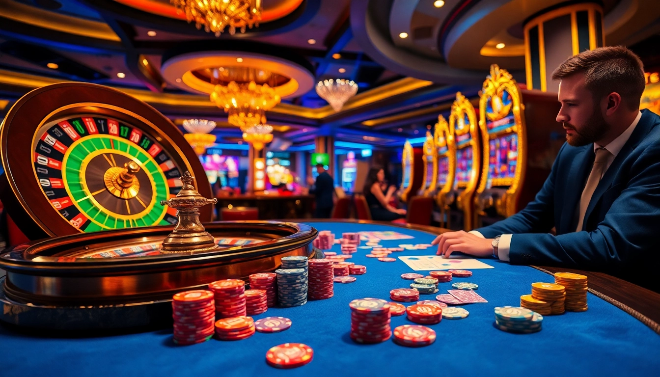 A dynamic casino scene with poker chips and a roulette wheel at nhà cái 58WIN, inviting gamblers to engage and win.