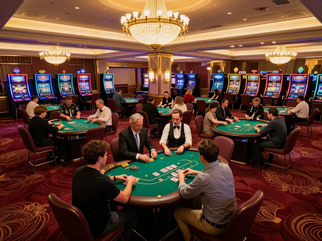 Players engaged in intense poker games at rr88vip casino, vibrant atmosphere and luxurious decor
