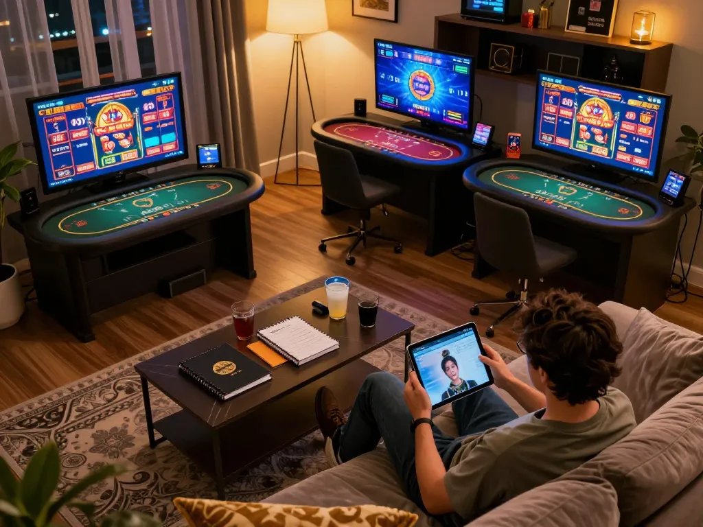 Playing online casino games at home with ok365 platform on tablet and smartphone, showing engaging gameplay