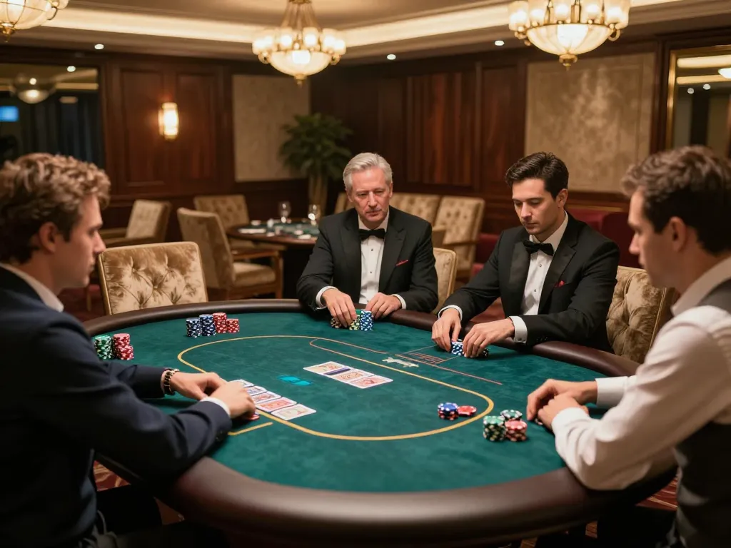 High-stakes poker game in a luxurious casino VIP area showcasing strategic gameplay with nk888.