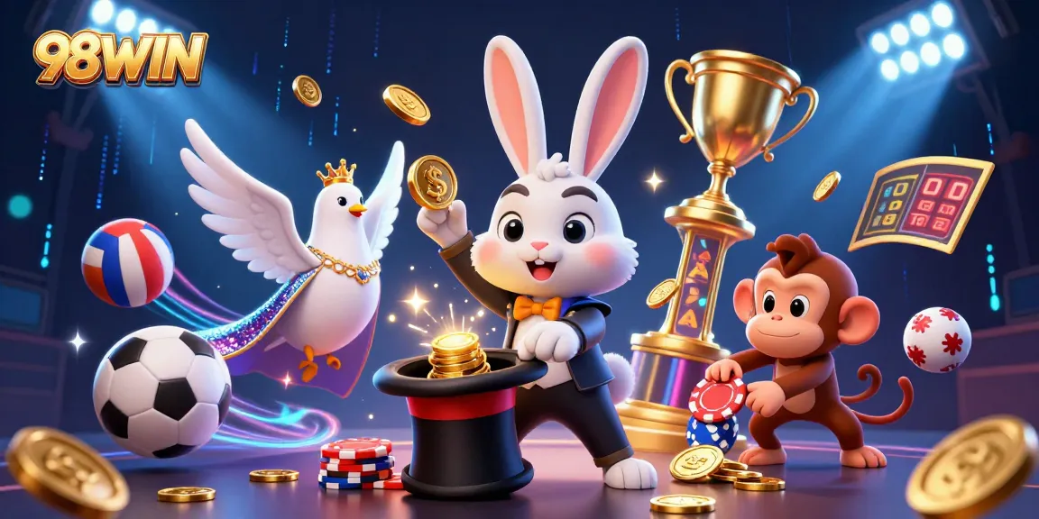98WIN offers a thrilling casino experience with a magician rabbit, sports balls, and vibrant graphics.