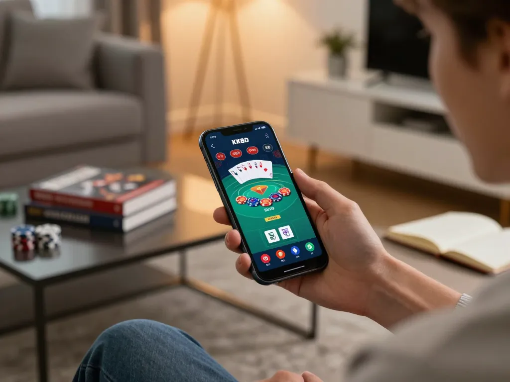 Engaging in mobile gambling with KKBD app showing poker gameplay in cozy environment