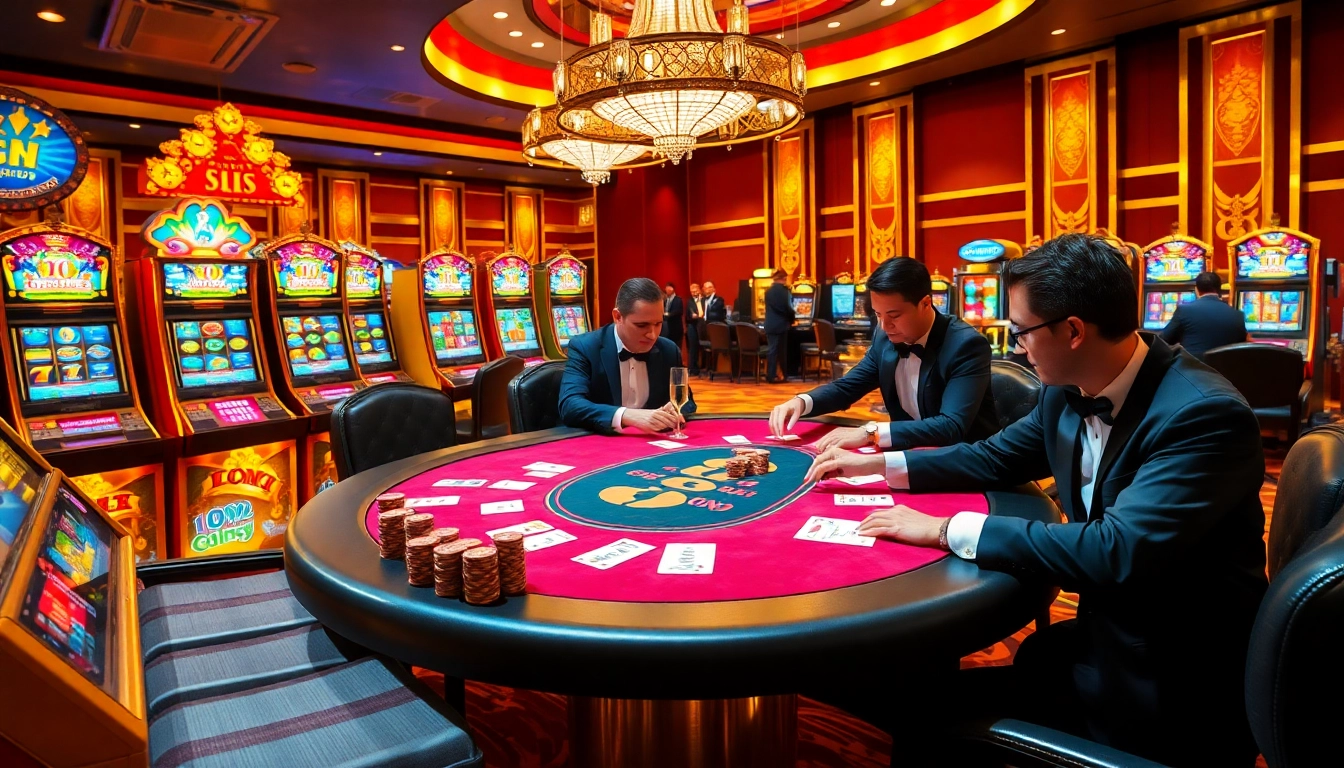 tr88 casino scene showcasing an exciting poker table setup with chips and vibrant slot machines