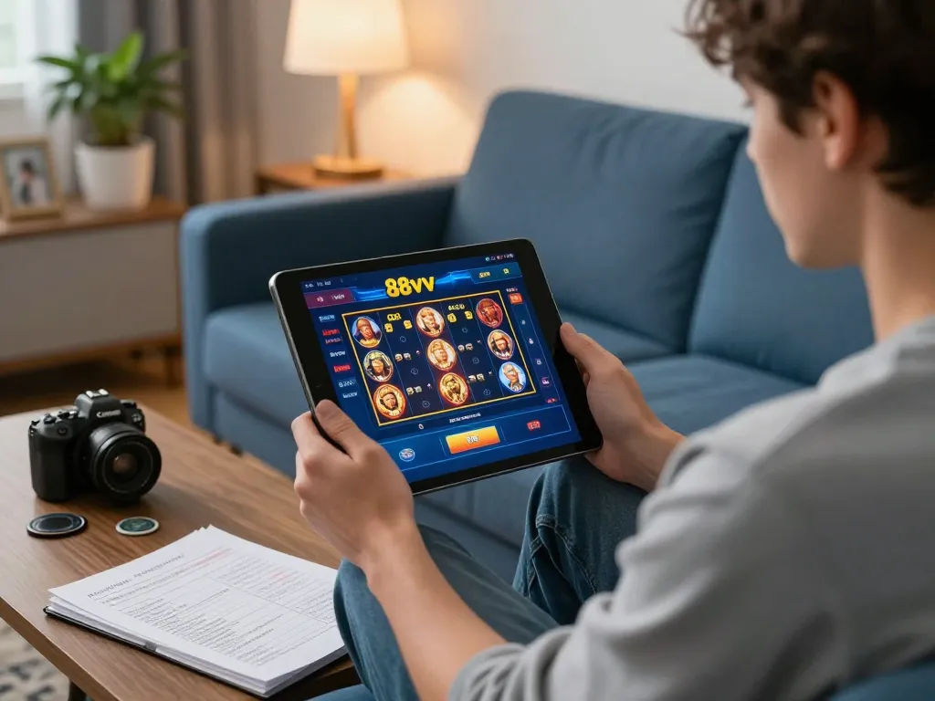 Player engaging with the 88vv app on a tablet, showcasing a strategic online gambling environment