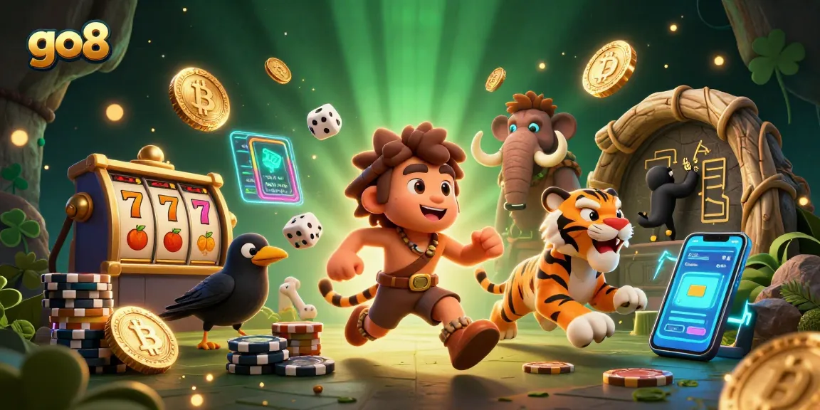 go8 showcases a dynamic prehistoric casino scene with caveman and tiger characters surrounded by slot machine elements.