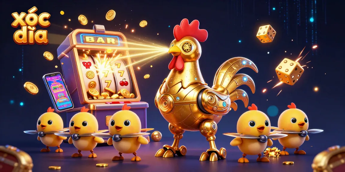 Play xóc đĩa and win exciting prizes with colorful slot machine and golden creatures.