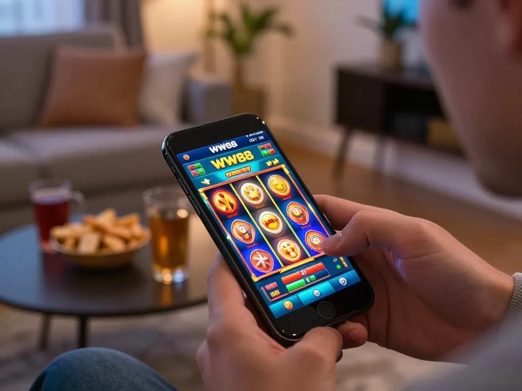 Play on the WW88 app showcasing a vibrant slot game in a cozy living room setting