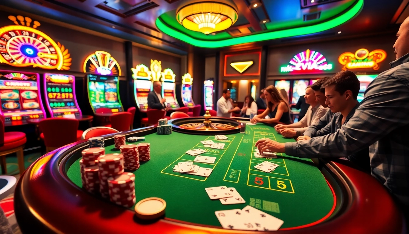 Cheerful players enjoying their time at the nk 88 casino table with poker chips and cards.